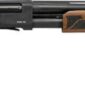 Black and wood finish pump-action shotgun on white background.