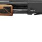 Wooden pump-action shotgun on white background.