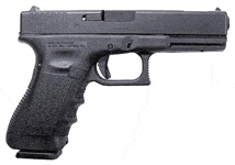 Black semi-automatic pistol on white background