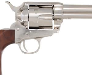 Silver and wood revolver pistol side view.