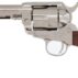 Silver revolver with wooden handle on white background.