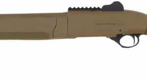 Pump-action shotgun with tactical design, side view.