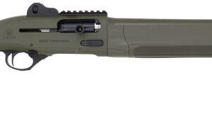Green tactical shotgun side view with rail.