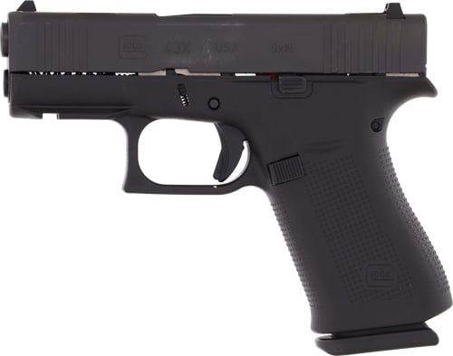 gur43509xfr left.jpg Black Glock 43X pistol, side view