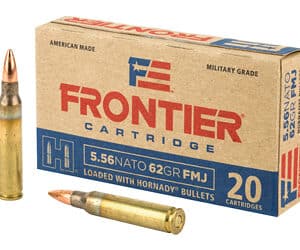 Frontier 5.56 NATO ammunition box with bullets.