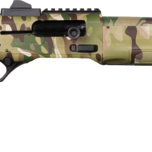 Camouflage-patterned tactical shotgun, right side view.