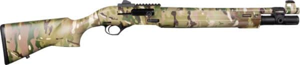 Camouflage-patterned tactical shotgun, right side view.