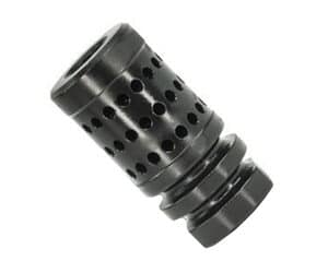 Black cylindrical muzzle brake with holes