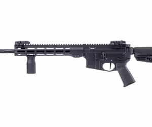 Black tactical rifle with grip and stock