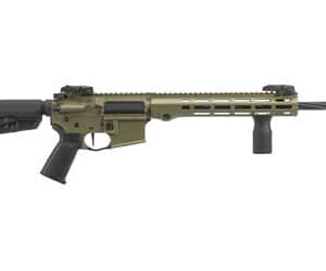 Olive green tactical rifle, side view.