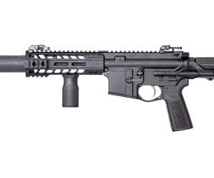 Black tactical rifle with suppressor attachment
