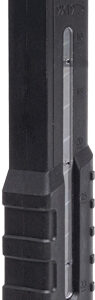 Black tactical rifle magazine with visible rounds