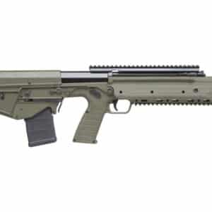 Bullpup rifle with green and black design.