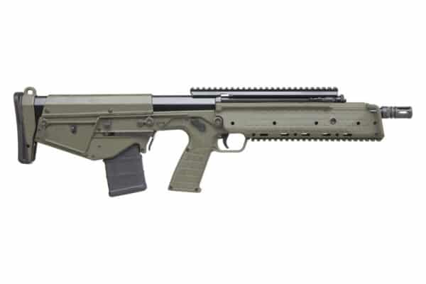 Bullpup rifle with green and black design.