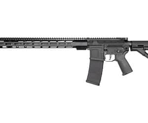 Black semi-automatic rifle on white background