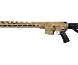 Camouflage rifle with black grip and stock.