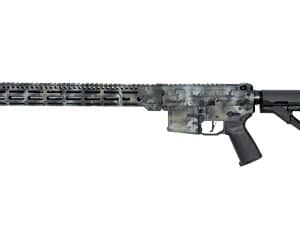 Camouflage-patterned rifle with tactical stock.