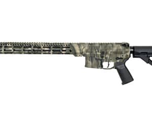 Camouflage rifle with black grip and stock