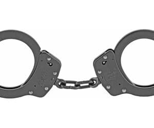 Metal handcuffs on white background