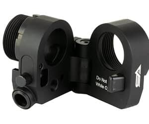 Black metal firearm adapter with pivot feature.