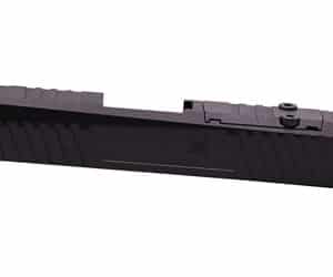 Black firearm slide with serrations and sights.