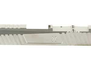 Silver firearm slide with engraved pattern