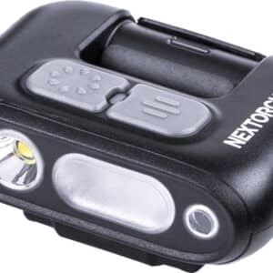 Compact black flashlight with buttons and lens