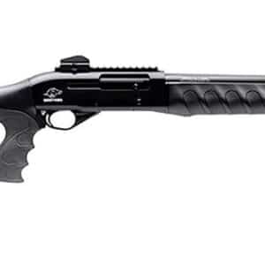 Black shotgun with textured grip and long barrel.