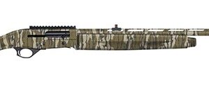 Camouflage shotgun with rail and textured grip.