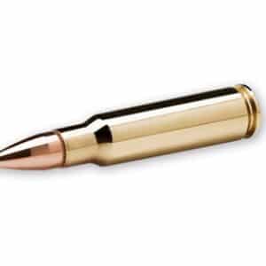 Single rifle bullet on white background