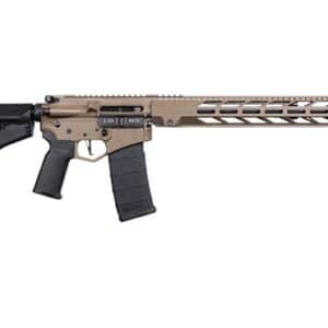 Semi-automatic rifle with tan and black design.