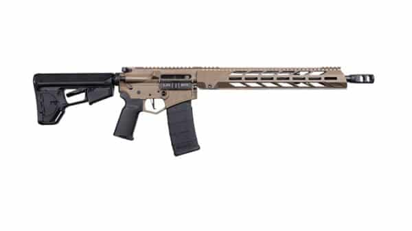 Semi-automatic rifle with tan and black design.
