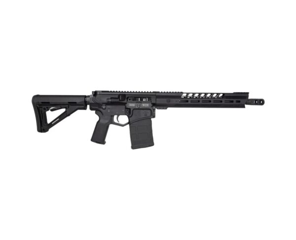 Black semi-automatic rifle on white background.