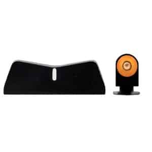 Black firearm sights with orange front dot.