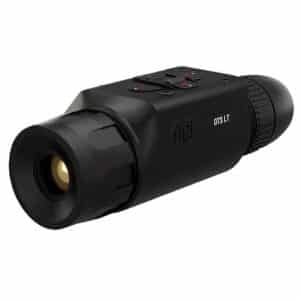 Black thermal imaging monocular device, side view.