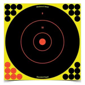 Black and yellow shooting target with scoring zones.