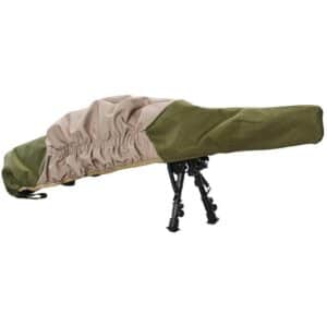 Bipod with camouflage cover for shooting support.