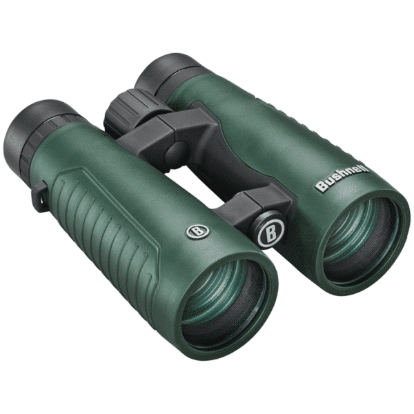 Green binoculars with Bushnell branding.