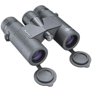 Black binoculars with lens caps open