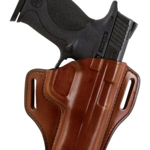 Handgun in brown leather holster