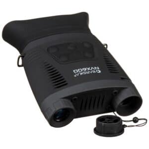 Binos binoculars with lens cap on white background.