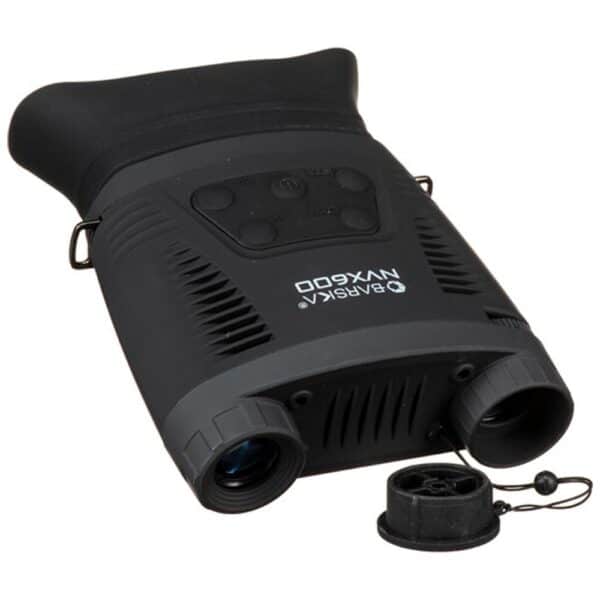 Binos binoculars with lens cap on white background.