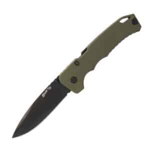 Green folding knife with black blade
