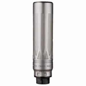 Silver metal firearm silencer displayed vertically.