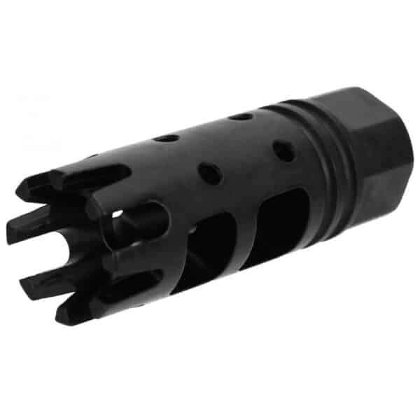 Black muzzle brake for firearms.