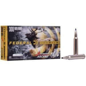Federal Premium 300 Win Mag ammunition box and cartridges.