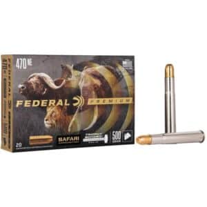 Federal Premium safari ammunition pack and two bullets.
