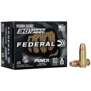 Federal 30 Super Carry ammunition box and bullets.