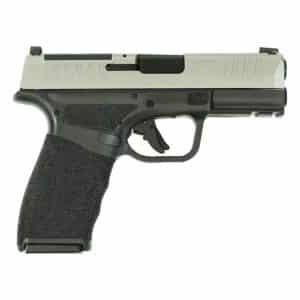 Compact black handgun on white background