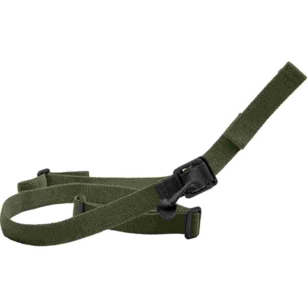 Green tactical strap with plastic buckle closure.